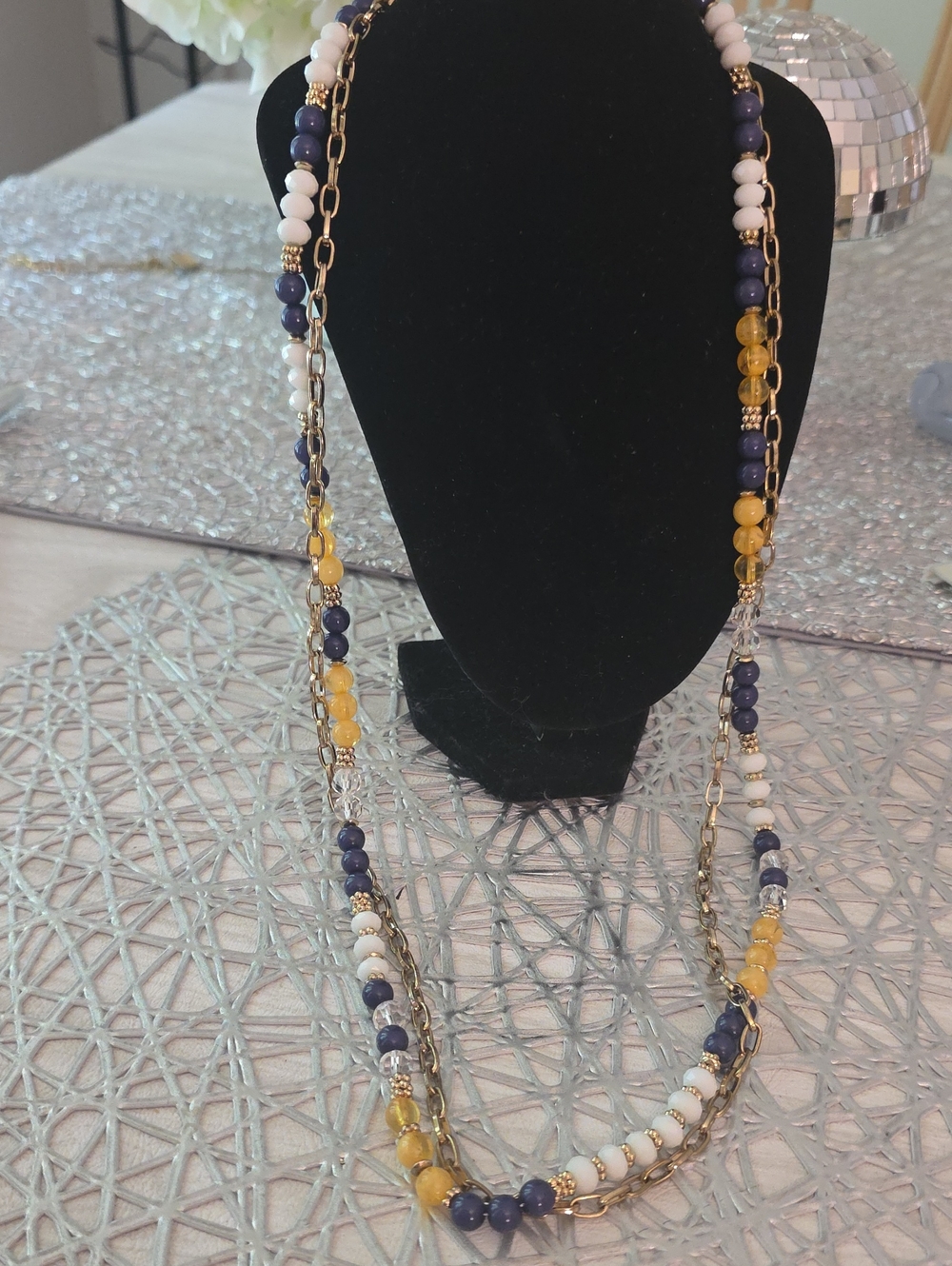 Charming Charlie Navy, White & Yellow Multi-Strand Beaded Necklace